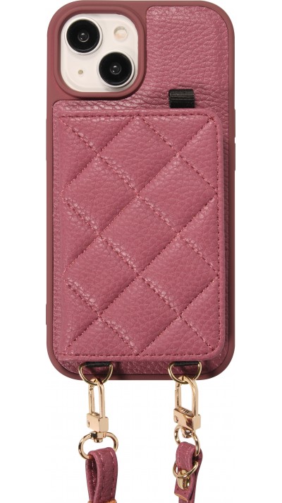 Coque iPhone 15 - Cuir matelassé avec miroir et compartiment carte inclus grande lanière amovible - Violet foncé