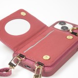 iPhone 15 Case Hülle - Gepolstertes Leder mit Spiegel und Kartenfach große abnehmbare Riemen - Dunkelviolett