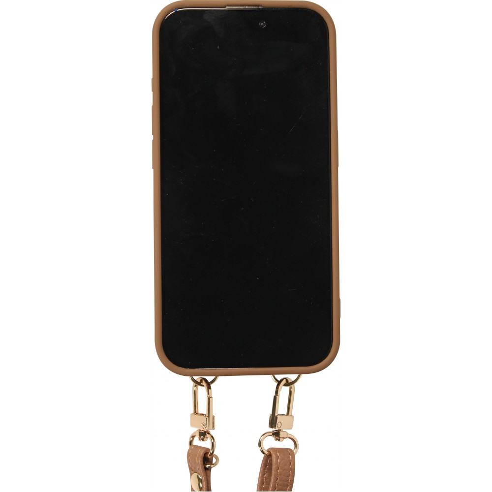 Coque iPhone 15 Pro - Cuir matelass&eacute; avec miroir et compartiment carte inclus grande lani&egrave;re amovible - Brun