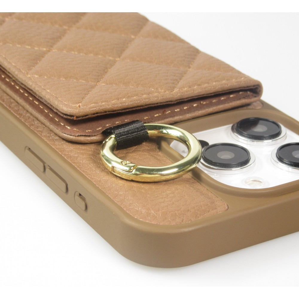 Coque iPhone 15 Pro - Cuir matelass&eacute; avec miroir et compartiment carte inclus grande lani&egrave;re amovible - Brun