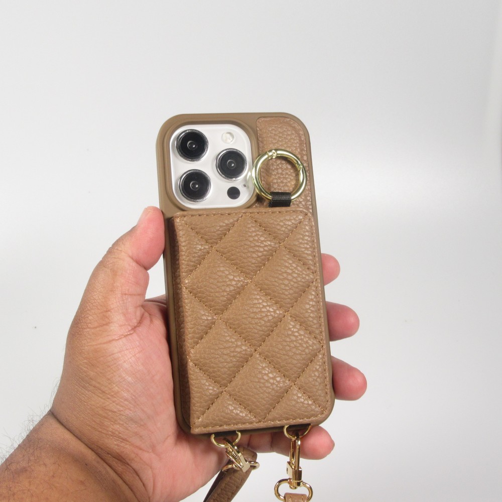 Coque iPhone 15 Pro - Cuir matelass&eacute; avec miroir et compartiment carte inclus grande lani&egrave;re amovible - Brun