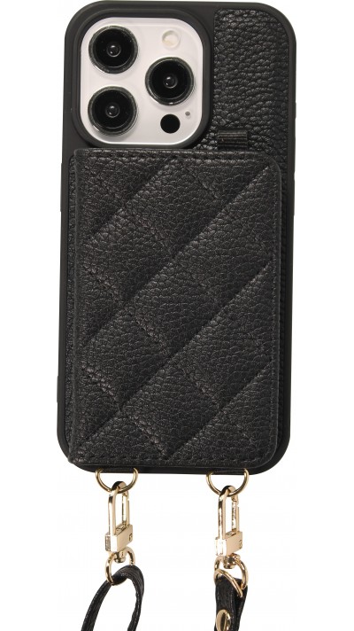 Coque iPhone 15 Pro - Cuir matelassé avec miroir et compartiment carte inclus grande lanière amovible - Noir