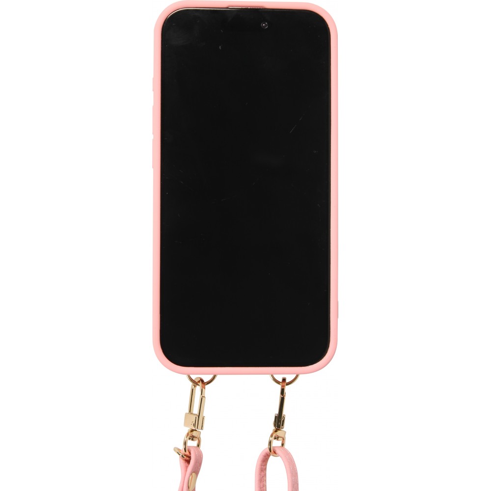 iPhone 15 Pro Case H&uuml;lle - Gepolstertes Leder mit Spiegel und Kartenfach gro&szlig;e abnehmbare Riemen - Rosa