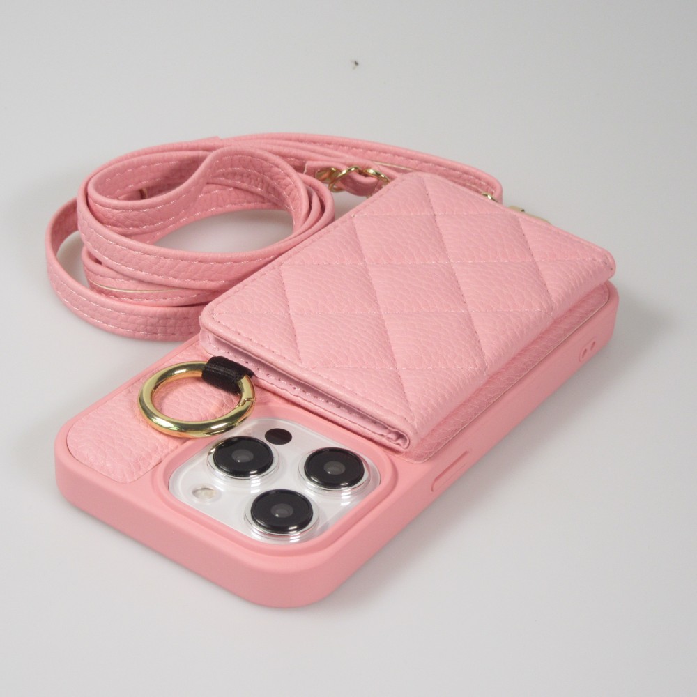 iPhone 15 Pro Case H&uuml;lle - Gepolstertes Leder mit Spiegel und Kartenfach gro&szlig;e abnehmbare Riemen - Rosa
