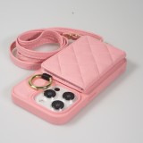 iPhone 15 Pro Case H&uuml;lle - Gepolstertes Leder mit Spiegel und Kartenfach gro&szlig;e abnehmbare Riemen - Rosa