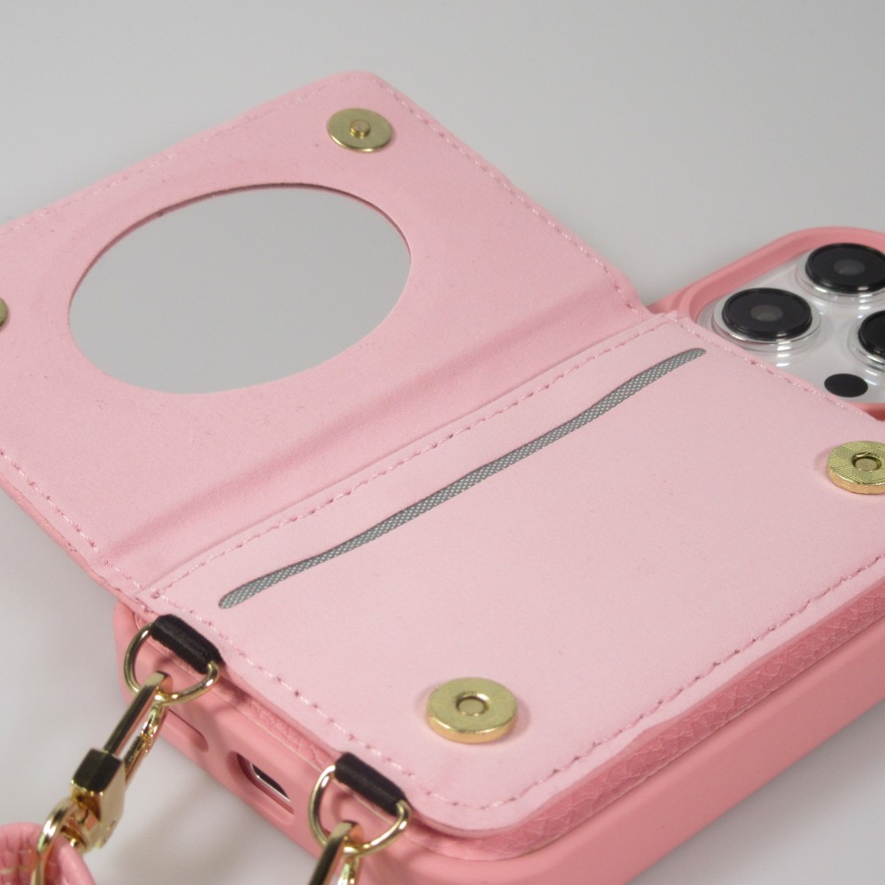 iPhone 15 Pro Case H&uuml;lle - Gepolstertes Leder mit Spiegel und Kartenfach gro&szlig;e abnehmbare Riemen - Rosa