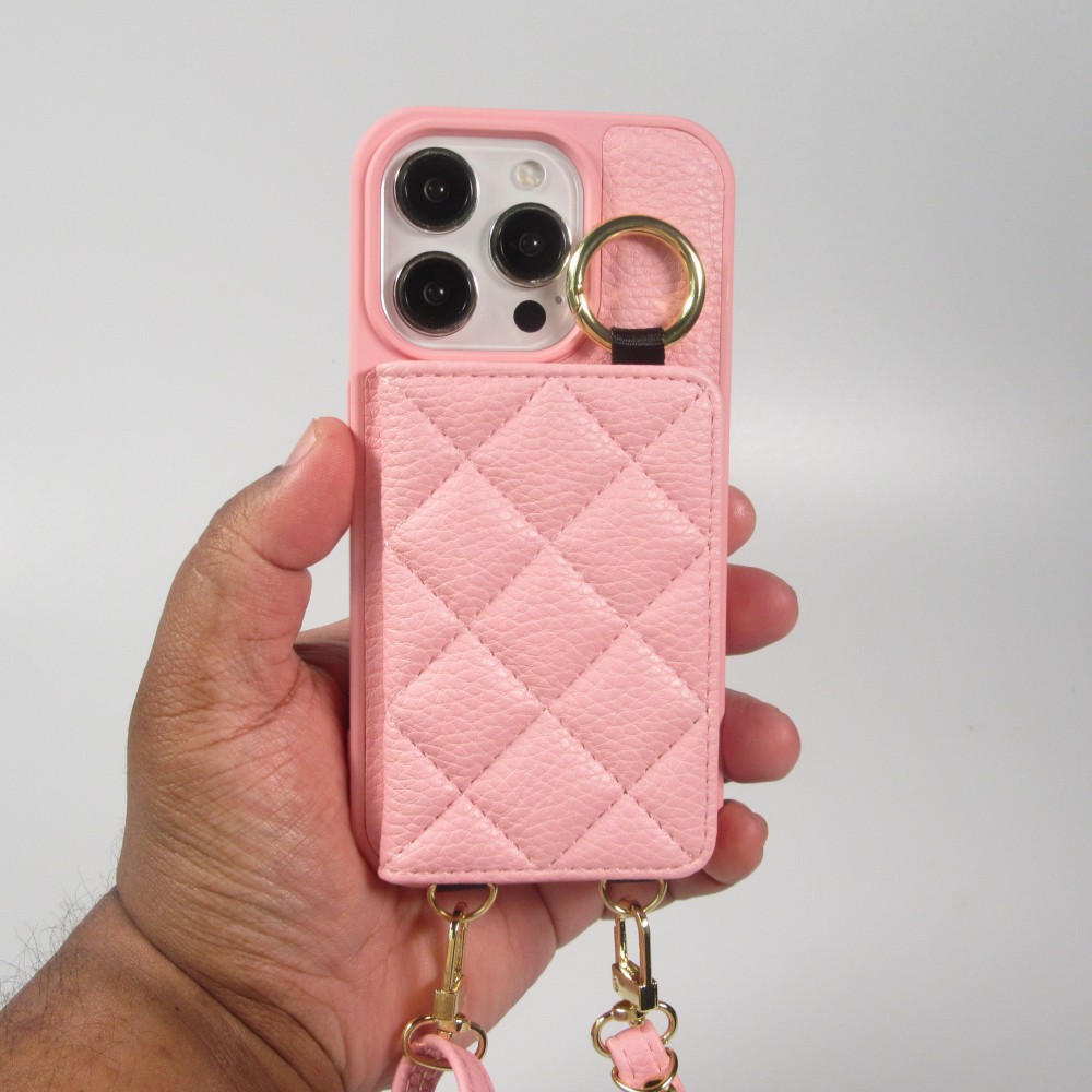 iPhone 15 Pro Case H&uuml;lle - Gepolstertes Leder mit Spiegel und Kartenfach gro&szlig;e abnehmbare Riemen - Rosa