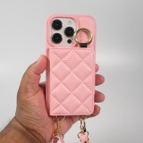 iPhone 15 Pro Case H&uuml;lle - Gepolstertes Leder mit Spiegel und Kartenfach gro&szlig;e abnehmbare Riemen - Rosa