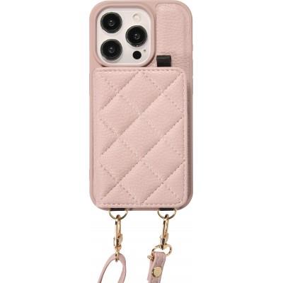 Coque iPhone 15 Pro - Cuir matelass&eacute; avec miroir et compartiment carte inclus grande lani&egrave;re amovible - Violet clair