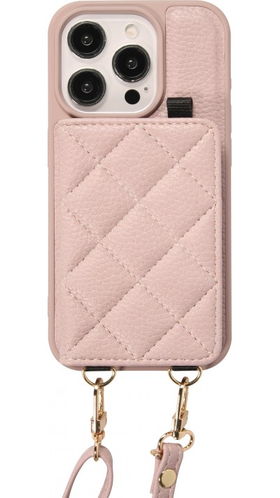 Coque iPhone 15 Pro - Cuir matelassé avec miroir et compartiment carte inclus grande lanière amovible - Violet clair