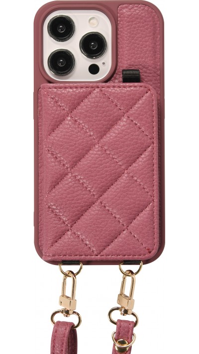 Coque iPhone 15 Pro - Cuir matelassé avec miroir et compartiment carte inclus grande lanière amovible - Violet foncé