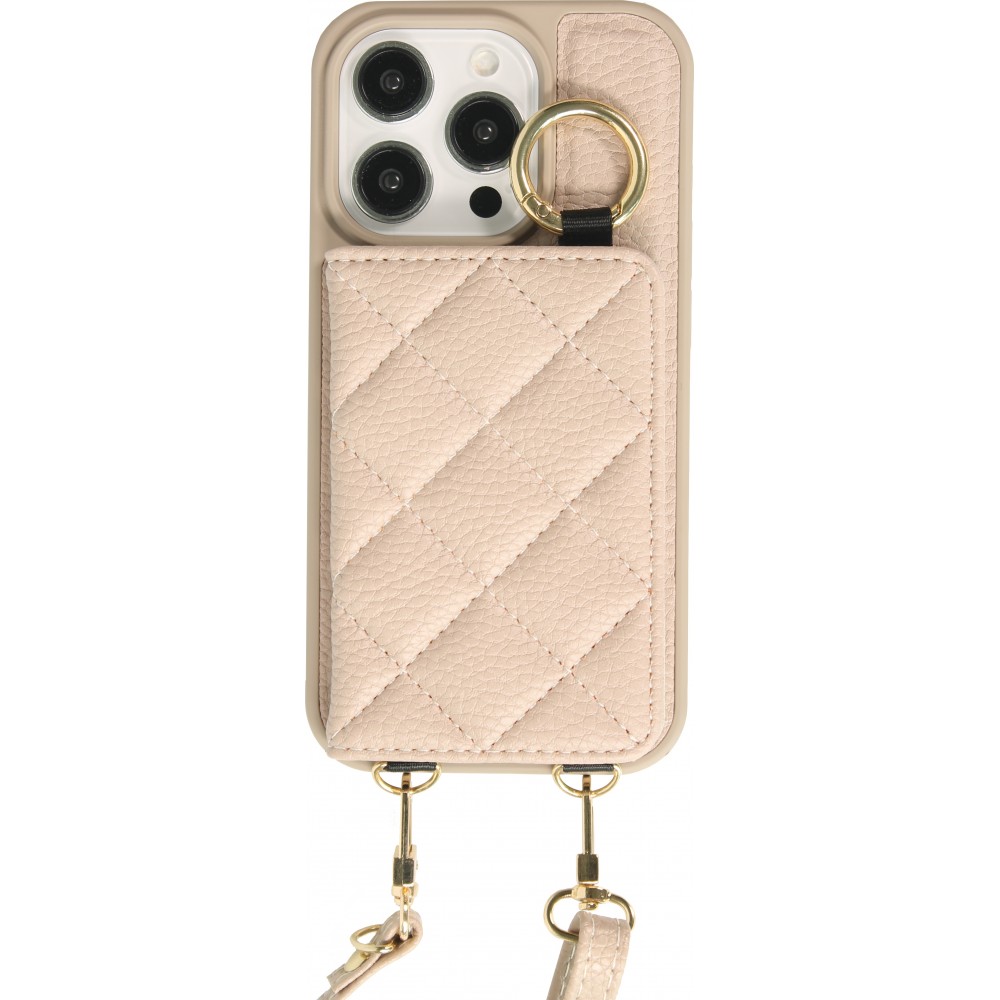 Coque iPhone 15 Pro Max - Cuir matelass&eacute; avec miroir et compartiment carte inclus grande lani&egrave;re amovible - Beige