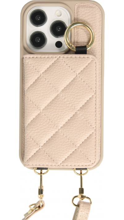 Coque iPhone 15 Pro Max - Cuir matelassé avec miroir et compartiment carte inclus grande lanière amovible - Beige