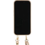 Coque iPhone 15 Pro Max - Cuir matelass&eacute; avec miroir et compartiment carte inclus grande lani&egrave;re amovible - Beige