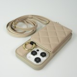 Coque iPhone 15 Pro Max - Cuir matelass&eacute; avec miroir et compartiment carte inclus grande lani&egrave;re amovible - Beige