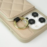 Coque iPhone 15 Pro Max - Cuir matelass&eacute; avec miroir et compartiment carte inclus grande lani&egrave;re amovible - Beige