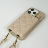 Coque iPhone 15 Pro Max - Cuir matelass&eacute; avec miroir et compartiment carte inclus grande lani&egrave;re amovible - Beige