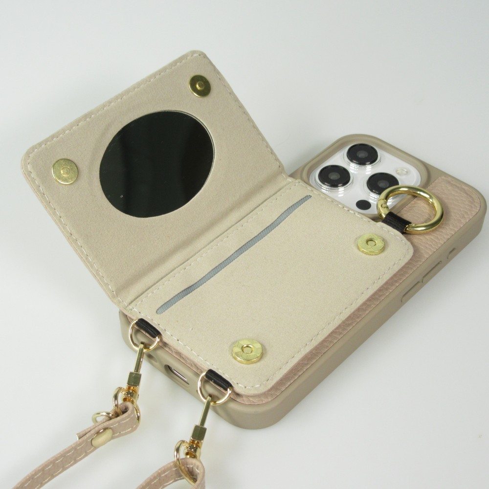 Coque iPhone 15 Pro Max - Cuir matelass&eacute; avec miroir et compartiment carte inclus grande lani&egrave;re amovible - Beige