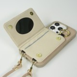 Coque iPhone 15 Pro Max - Cuir matelass&eacute; avec miroir et compartiment carte inclus grande lani&egrave;re amovible - Beige