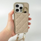 Coque iPhone 15 Pro Max - Cuir matelass&eacute; avec miroir et compartiment carte inclus grande lani&egrave;re amovible - Beige