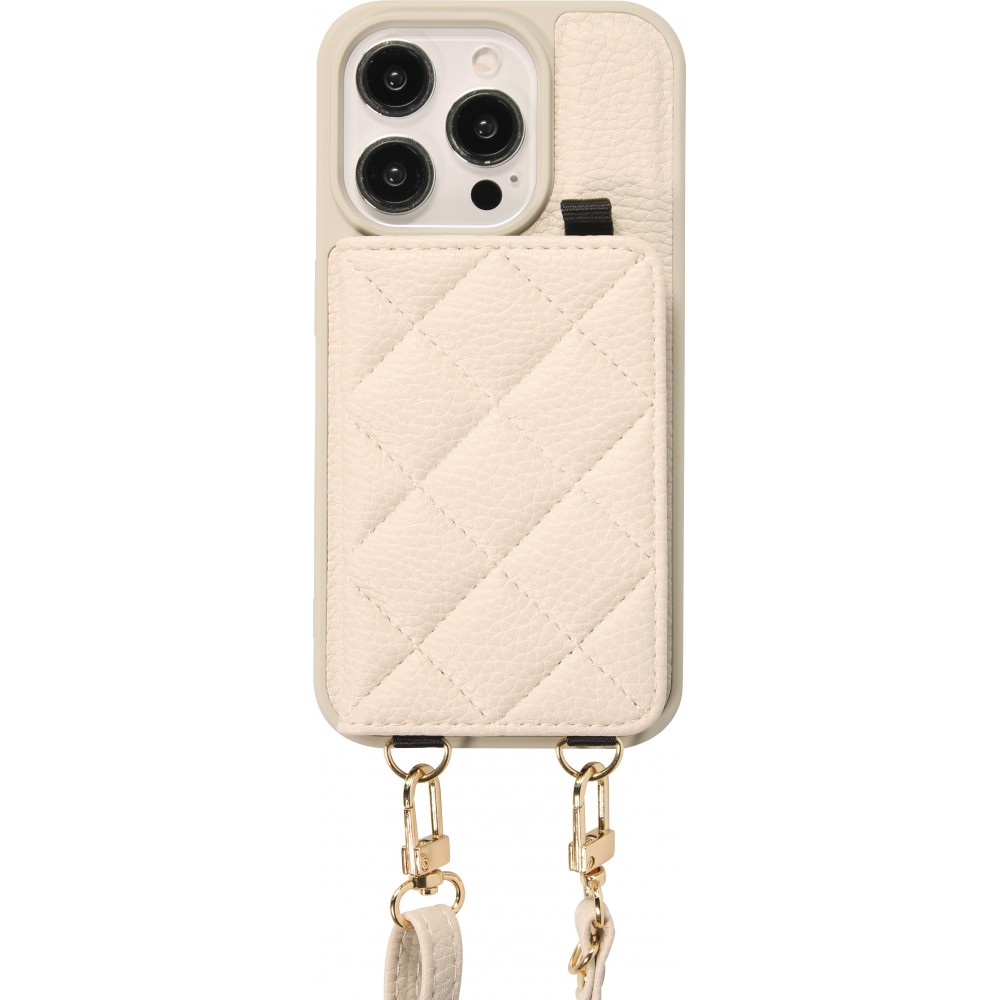 Coque iPhone 15 Pro Max - Cuir matelass&eacute; avec miroir et compartiment carte inclus grande lani&egrave;re amovible - Blanc