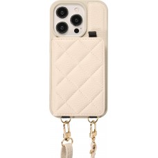 Coque iPhone 15 Pro Max - Cuir matelass&eacute; avec miroir et compartiment carte inclus grande lani&egrave;re amovible - Blanc