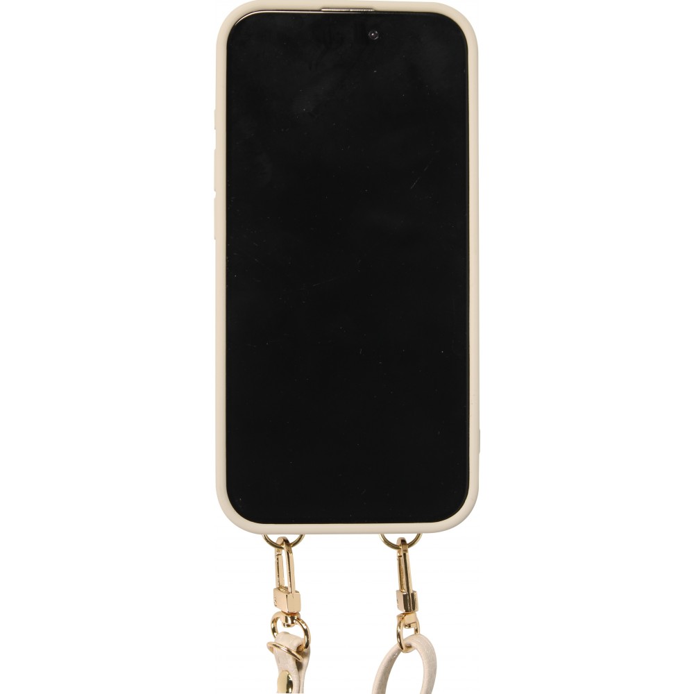 Coque iPhone 15 Pro Max - Cuir matelass&eacute; avec miroir et compartiment carte inclus grande lani&egrave;re amovible - Blanc