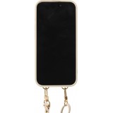 Coque iPhone 15 Pro Max - Cuir matelass&eacute; avec miroir et compartiment carte inclus grande lani&egrave;re amovible - Blanc