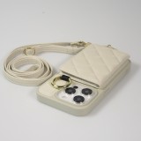 Coque iPhone 15 Pro Max - Cuir matelass&eacute; avec miroir et compartiment carte inclus grande lani&egrave;re amovible - Blanc