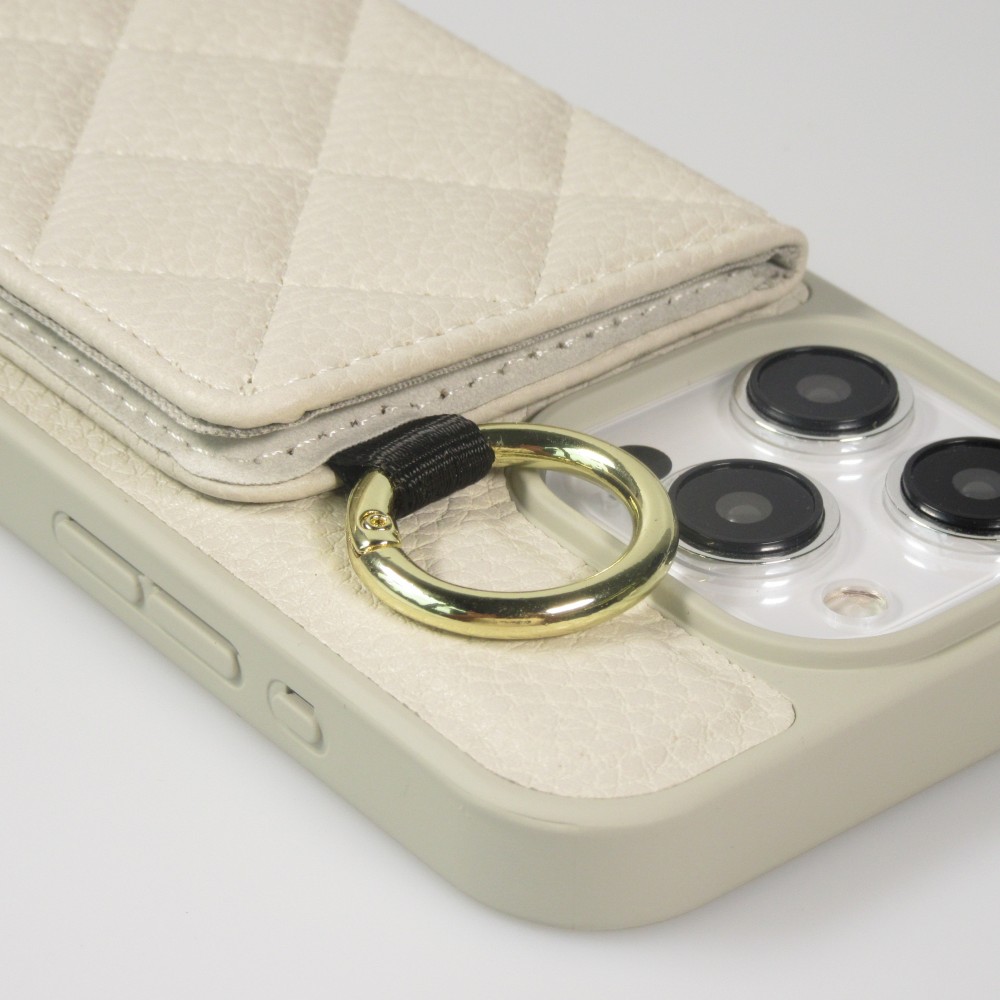 Coque iPhone 15 Pro Max - Cuir matelass&eacute; avec miroir et compartiment carte inclus grande lani&egrave;re amovible - Blanc