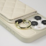 Coque iPhone 15 Pro Max - Cuir matelass&eacute; avec miroir et compartiment carte inclus grande lani&egrave;re amovible - Blanc