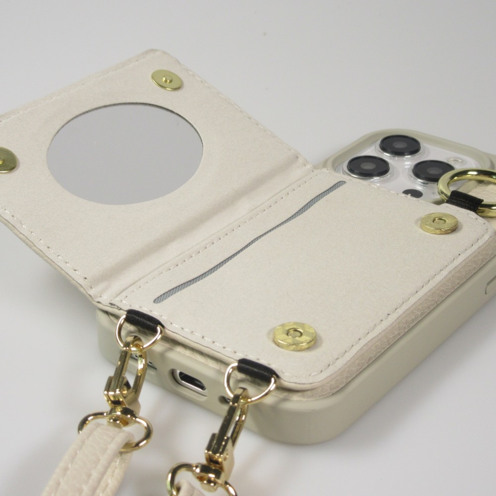 Coque iPhone 15 Pro Max - Cuir matelass&eacute; avec miroir et compartiment carte inclus grande lani&egrave;re amovible - Blanc