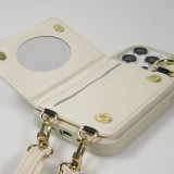 Coque iPhone 15 Pro Max - Cuir matelass&eacute; avec miroir et compartiment carte inclus grande lani&egrave;re amovible - Blanc