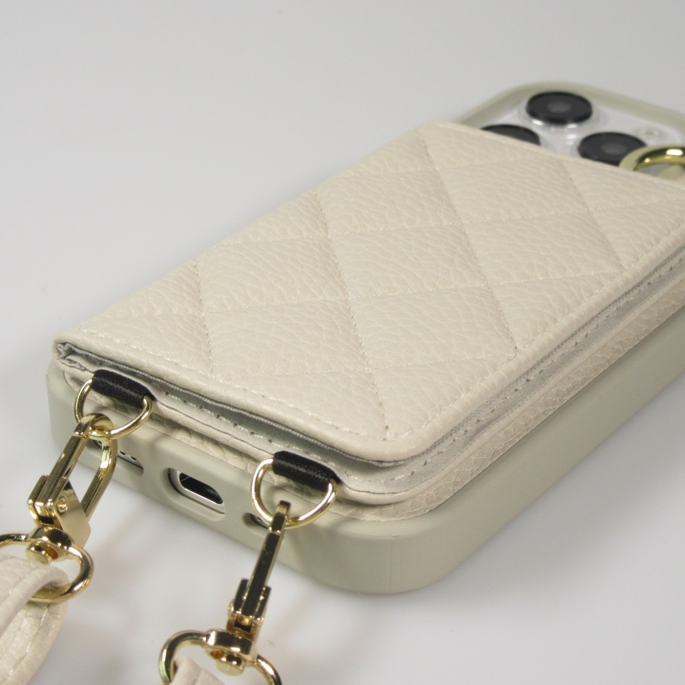 Coque iPhone 15 Pro Max - Cuir matelass&eacute; avec miroir et compartiment carte inclus grande lani&egrave;re amovible - Blanc