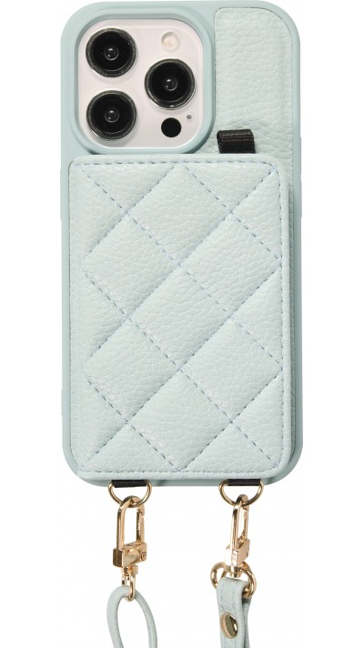 Coque iPhone 15 Pro Max - Cuir matelassé avec miroir et compartiment carte inclus grande lanière amovible - Bleu