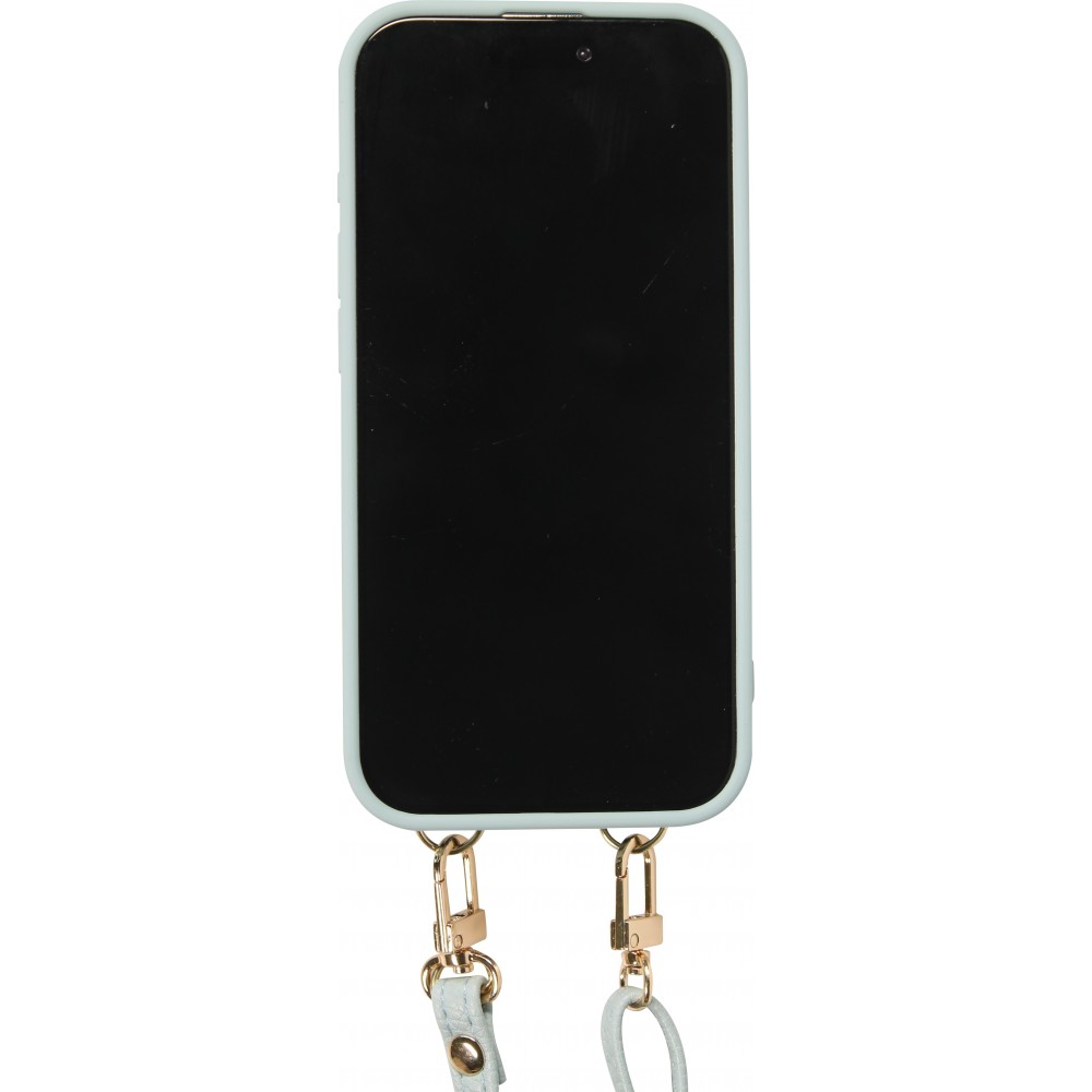 Coque iPhone 15 Pro Max - Cuir matelass&eacute; avec miroir et compartiment carte inclus grande lani&egrave;re amovible - Bleu