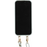 Coque iPhone 15 Pro Max - Cuir matelass&eacute; avec miroir et compartiment carte inclus grande lani&egrave;re amovible - Bleu