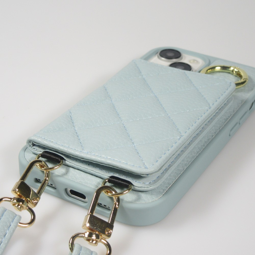 Coque iPhone 15 Pro Max - Cuir matelass&eacute; avec miroir et compartiment carte inclus grande lani&egrave;re amovible - Bleu