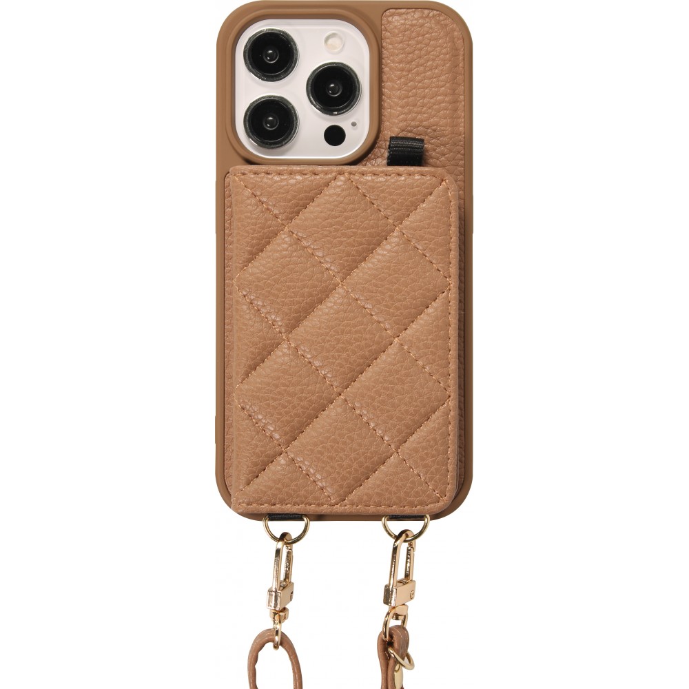 Coque iPhone 15 Pro Max - Cuir matelass&eacute; avec miroir et compartiment carte inclus grande lani&egrave;re amovible - Brun