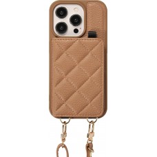 Coque iPhone 15 Pro Max - Cuir matelass&eacute; avec miroir et compartiment carte inclus grande lani&egrave;re amovible - Brun