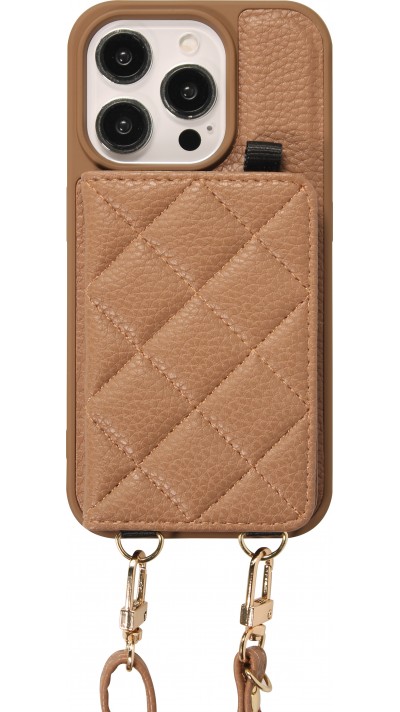 Coque iPhone 15 Pro Max - Cuir matelassé avec miroir et compartiment carte inclus grande lanière amovible - Brun