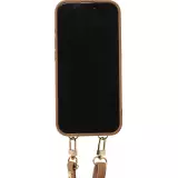 Coque iPhone 15 Pro Max - Cuir matelass&eacute; avec miroir et compartiment carte inclus grande lani&egrave;re amovible - Brun