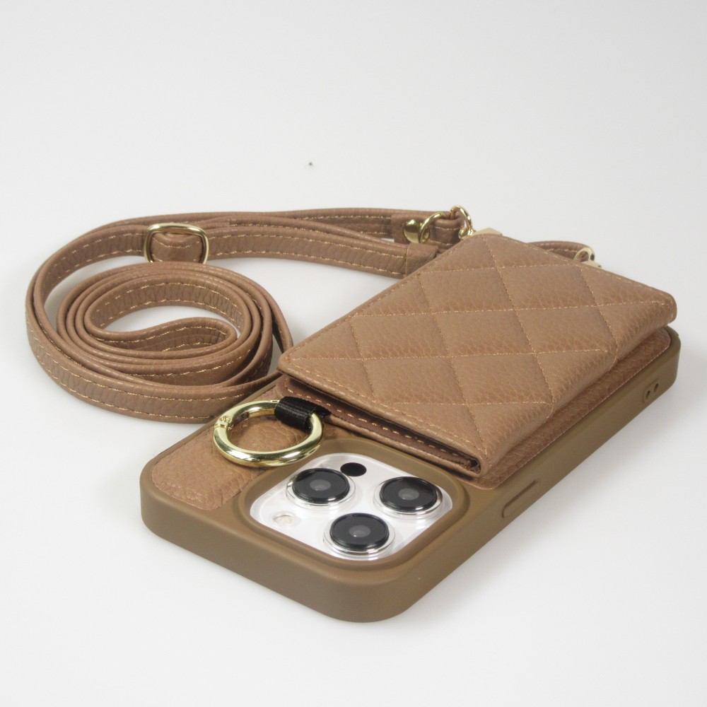 Coque iPhone 15 Pro Max - Cuir matelass&eacute; avec miroir et compartiment carte inclus grande lani&egrave;re amovible - Brun