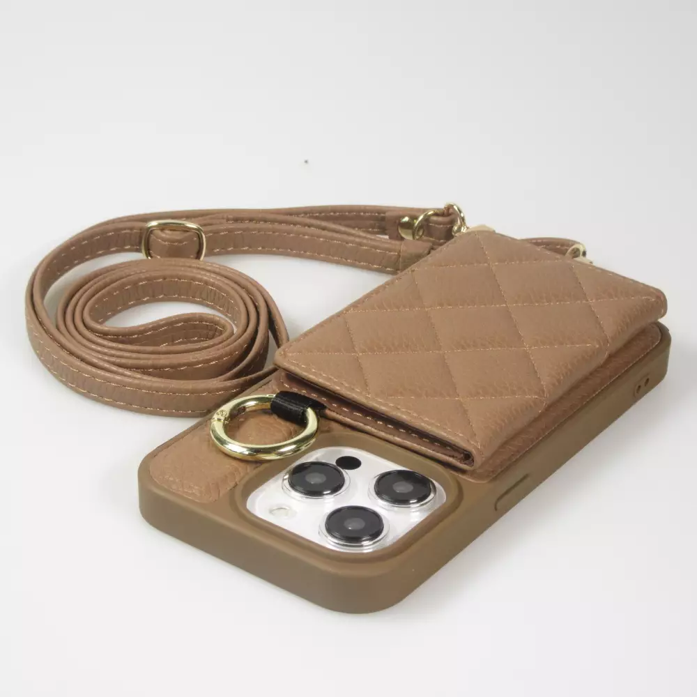 Coque iPhone 15 Pro Max - Cuir matelass&eacute; avec miroir et compartiment carte inclus grande lani&egrave;re amovible - Brun