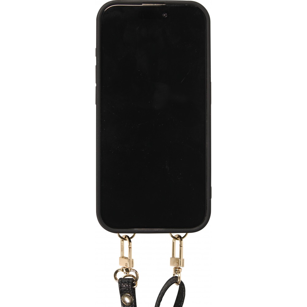 iPhone 15 Pro Max Case H&uuml;lle - Gepolstertes Leder mit Spiegel und Kartenfach gro&szlig;e abnehmbare Riemen - Schwarz