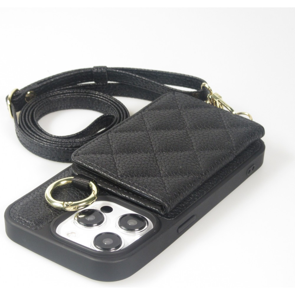 iPhone 15 Pro Max Case H&uuml;lle - Gepolstertes Leder mit Spiegel und Kartenfach gro&szlig;e abnehmbare Riemen - Schwarz