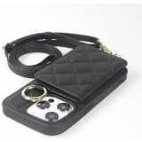 iPhone 15 Pro Max Case H&uuml;lle - Gepolstertes Leder mit Spiegel und Kartenfach gro&szlig;e abnehmbare Riemen - Schwarz