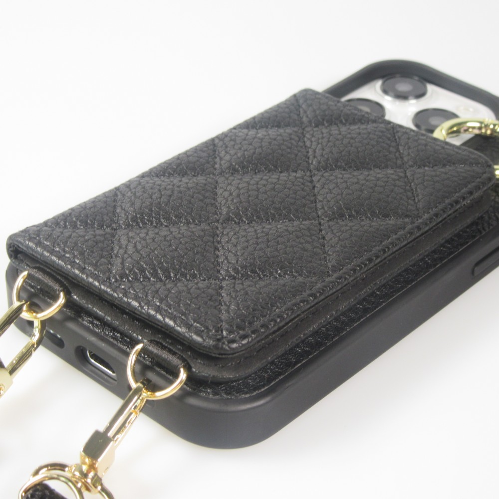 iPhone 15 Pro Max Case H&uuml;lle - Gepolstertes Leder mit Spiegel und Kartenfach gro&szlig;e abnehmbare Riemen - Schwarz