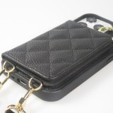 iPhone 15 Pro Max Case H&uuml;lle - Gepolstertes Leder mit Spiegel und Kartenfach gro&szlig;e abnehmbare Riemen - Schwarz