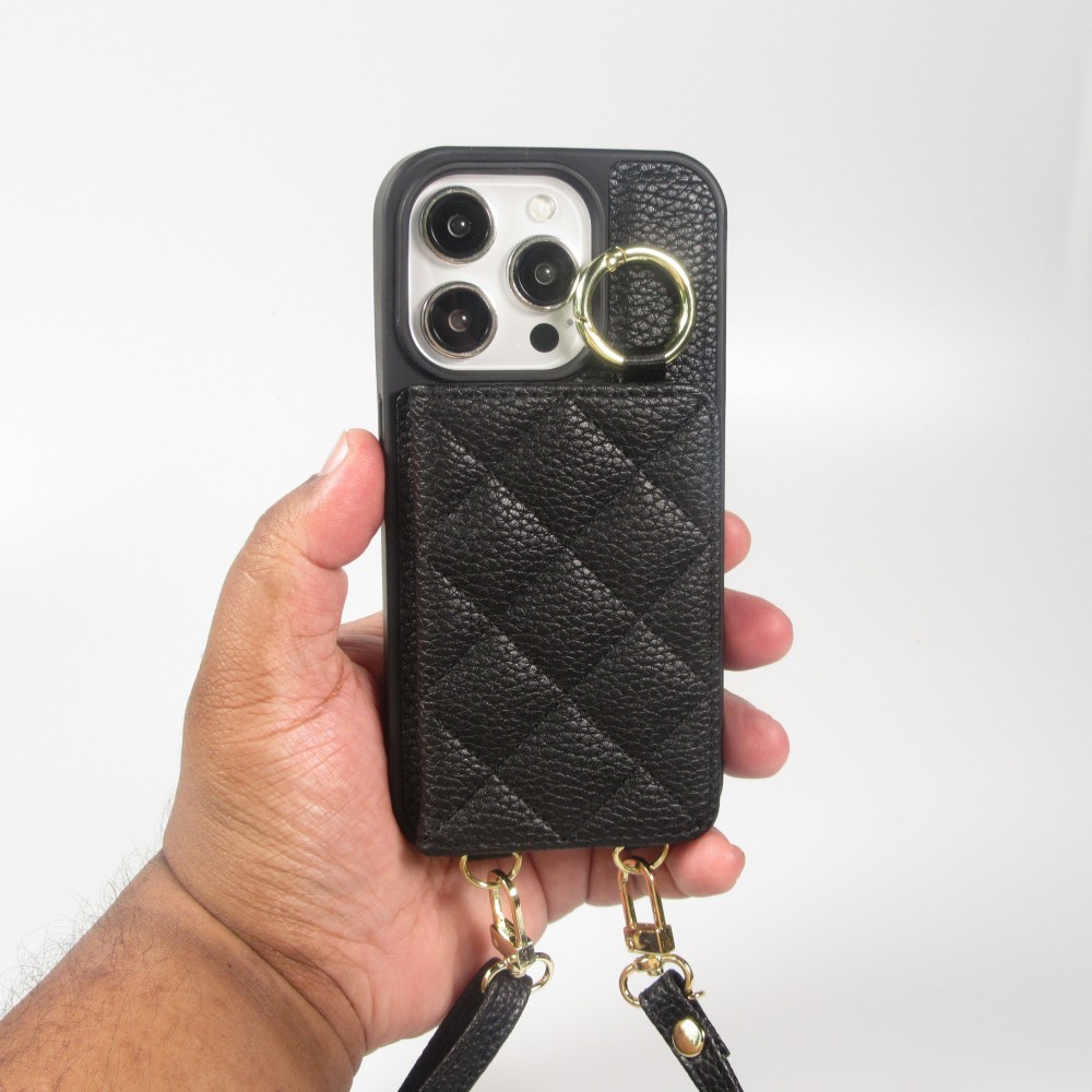 iPhone 15 Pro Max Case H&uuml;lle - Gepolstertes Leder mit Spiegel und Kartenfach gro&szlig;e abnehmbare Riemen - Schwarz